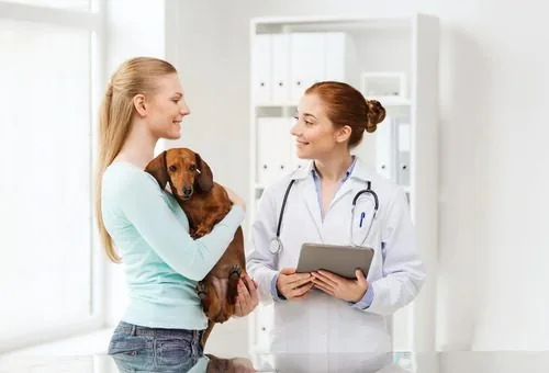 female-vet-holding-clipboard-while-talking-with-female-pet-owner-who-is-holding-her-dog